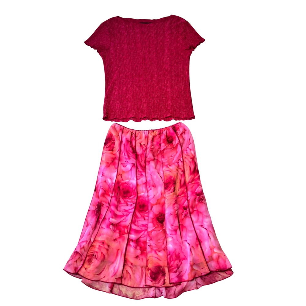 90s Y2K Fairycore Pink Floral 2 Piece Skirt Set Connected Apparel Size M - Picture 3 of 8